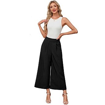Women's Casual High Waist Striped Pleated Trousers Loose Wide Leg Cropped Pants With Side Pockets