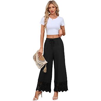 Women's Casual High Waist Lace Splice Trousers Loose Waist Tie Wide Leg Pants With Side Pockets