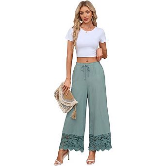 Women's Casual High Waist Lace Splice Trousers Loose Waist Tie Wide Leg Pants With Side Pockets