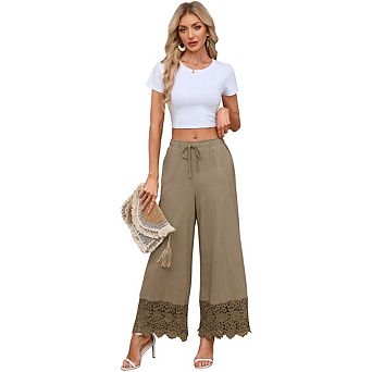 Women's Casual High Waist Lace Splice Trousers Loose Waist Tie Wide Leg Pants With Side Pockets