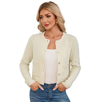 Women's Casual Crew Neck Long Sleeve Knit Cardigan Trendy Button Down Sweaters With Front Pockets