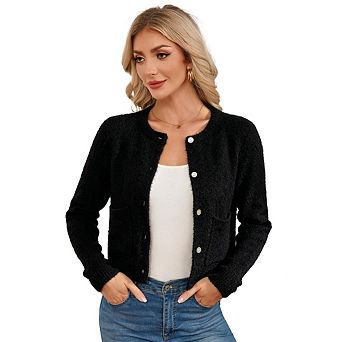 Women's Casual Crew Neck Long Sleeve Knit Cardigan Trendy Button Down Sweaters With Front Pockets