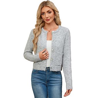 Women's Casual Crew Neck Long Sleeve Knit Cardigan Trendy Button Down Sweaters With Front Pockets