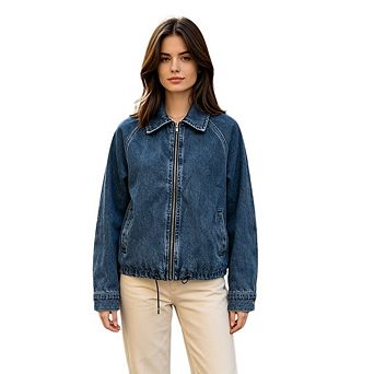Women's Casual Lapel Raglan Long Sleeve Denim Jacket Zip Up Drawstring Hem Coats With Side Pockets