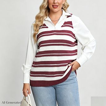 Women Plus Size Sleeveless Color Blocking Striped Knit Casual Pullover Sweater Vests