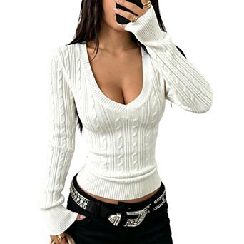 Women's Long Sleeve Cable Knit Sweater Deep v Neck Casual Fitted Fashion Outfits Pullover Tops