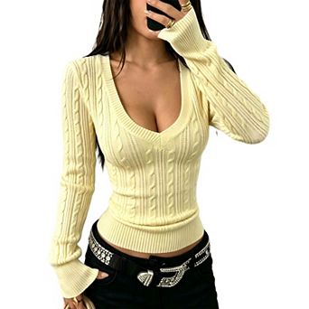 Women's Long Sleeve Cable Knit Sweater Deep v Neck Casual Fitted Fashion Outfits Pullover Tops