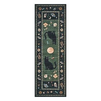 Cat Moon Botanical Animal Washable Area Rug, Celestial Folk Art Non-Slip Carpet