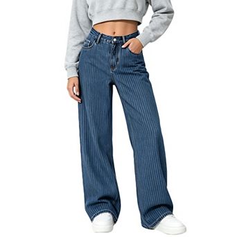 Women High Waist Striped Wide Leg Jeans Loose Fit Denim Trousers Casual Street Pants