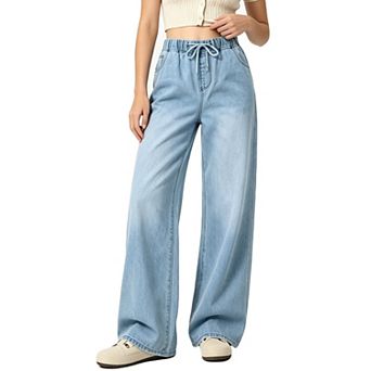 Women Elastic Drawstring High Waist Wide Leg Denim Jeans Casual Loose Fit Trousers