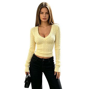 Women's Casual V Neck Long Sleeve Slim Tops Trendy Cable Knit Pullover Sweaters
