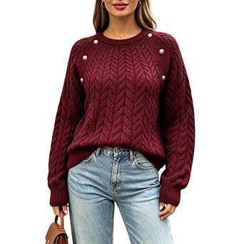 Women's Casual Crew Neck Cable Knit Tops Loose Raglan Long Sleeve Button Pullover Sweaters