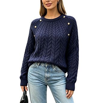Women's Casual Crew Neck Cable Knit Tops Loose Raglan Long Sleeve Button Pullover Sweaters