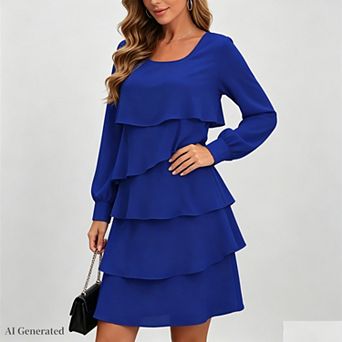 Women Long Sleeve Crew Neck Ruffle Tiered Layered Flowy Swing Long Casual Solid Color Midi Dresses