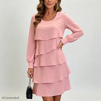 Women Long Sleeve Crew Neck Ruffle Tiered Layered Flowy Swing Long Casual Solid Color Midi Dresses