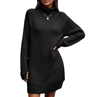 Women's Solid Color Slit Pullover Turtleneck Knit Dress