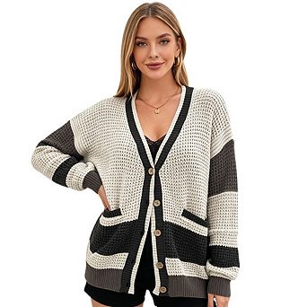 Women's Retro Color Block Cardigan Sweater Long Sleeve Button Up Knit Top