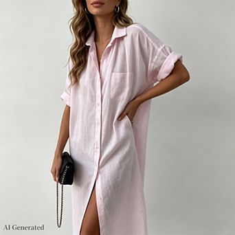 Women Long Sleeved Button Down Casual Cotton Linen Midi Shirt Dress