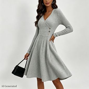 Women V Neck Long Sleeve Ribbed Knit Fall Dresses A Line Midi Casual Dress