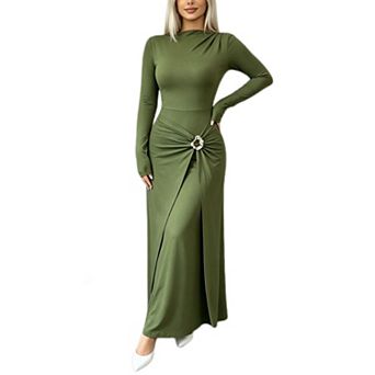 Women's Long Sleeve Maxi Dress Elegant Ruched Waist Wrap Slit Body‑con Formal Party Long Dresses