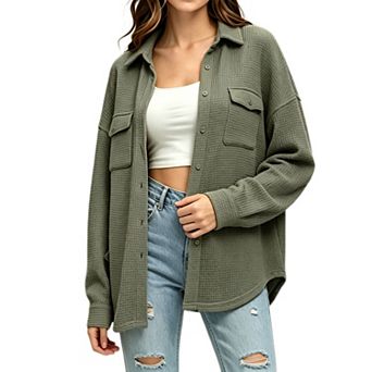 Women's Oversized Waffle Knit Shacket Casual Long Sleeve Button Shirt With Pockets