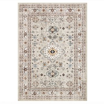 Neutral Vintage Medallion Machine Washable Low‑Pile Soft Area Rug Carpet for Living Room Bedroom