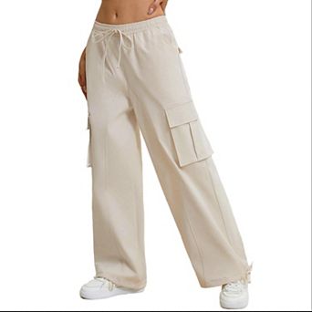 Women's Drawstring Elastic Waist Baggy Cargo Pants Wide Leg Casual Trousers with Multi‑Pockets