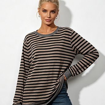 Women's Crew Neck Striped Long Sleeve Tunic Top Contrast Trim Side Slit Casual Pullover Shirt