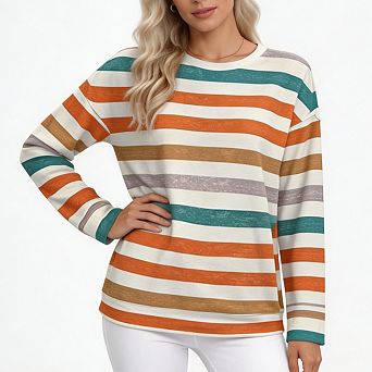 Women's Ribbed Crew Neck Color Block Striped Long Sleeve Tee Blouse Fashion Fall Casual Outfit Top