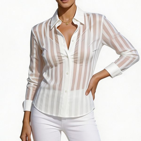 Women's Long Sleeve Sheer Mesh Button Up Blouse Lightweight Dressy Casual Layering Top