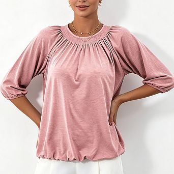 Women's Solid Crew Neck 3/4 Sleeve Cotton T Shirt Blouse Loose Fit Casual Basic Daily Top