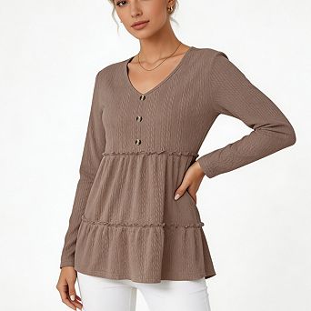 Women's V Neck Puff Sleeve Smocked Button Front Tiered Long Sleeve Tunic Top For Fashion Outfit