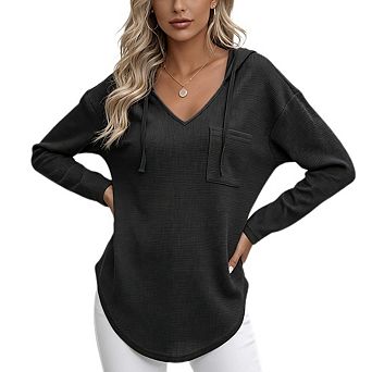 Women's V Neck Drawstring Pullover Hoodie Long Sleeve Casual Top With Convenient Side Pocket