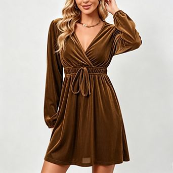 Women's V-Neck Velvet Long Sleeve Mini Dress A-Line Flowy Fall Winter Cinch Waist Tie Front Dress