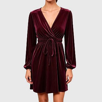 Women's Velvet Dress Fall Winter V Neck Long Sleeve Smocked Waist A Line Skater Dress