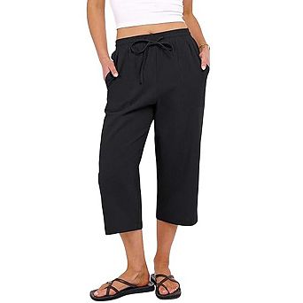 Women High Waist Capris Pants Elastic Drawstring Waistband Straight Leg Loose Fit Cropped Trousers