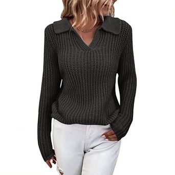 Collared Sweaters for Women Fall Long Sleeve v Neck Ribbed Knit Tee Tops Pullover Casual Basic Shirt