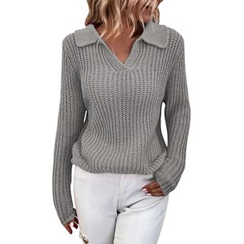Collared Sweaters for Women Fall Long Sleeve v Neck Ribbed Knit Tee Tops Pullover Casual Basic Shirt