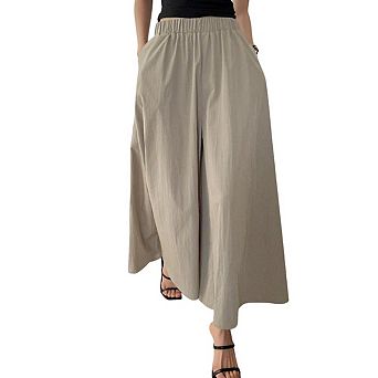 Womens Solid Wide Leg Pants Elastic High Waist Loose Fit Casual Flowy Trousers with Side Pockets