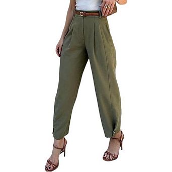 Women High Waist Pleated Cropped Dress Pants, Button‑Hem Straight Leg Business Casual Trousers