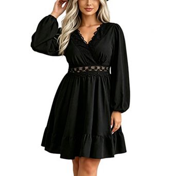 Women's Plus Size Lace Trim V Neck Mini Dress Lantern Sleeve A‑Line Flowy Vintage Midi Dress