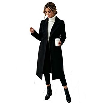 Women's Notched Lapel Belted Long Causal Dressy Wool Coat Elegant Slim Fit Outerwear Overcoat