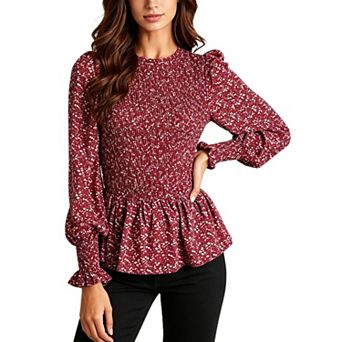 Women's Boho Smocked Waist Floral Peplum Blouse Puff Long Sleeve Casual Top