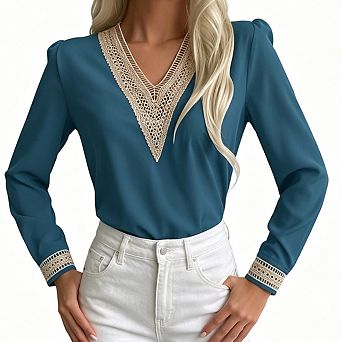 Women Lace Trim V Neck Blouse Long Sleeve Elegant Office Dressy Casual Shirt Top