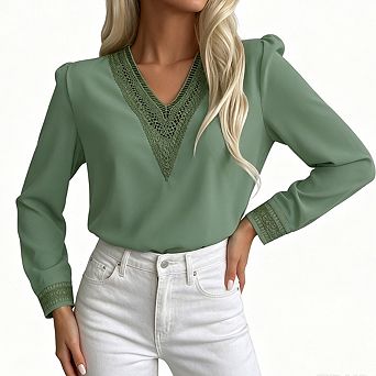 Women Lace Trim V Neck Blouse Long Sleeve Elegant Office Dressy Casual Shirt Top