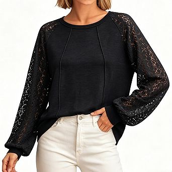 Women Long Sleeve Lace Raglan Top Crew Neck Detail Loose Fit Casual Pullover Blouse Shirt