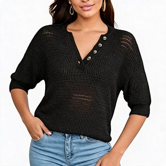 KOJOOIN Women's Casual V‑Neck Button Hollow‑Out Sweater 3/4 Sleeve Loose Knit Top
