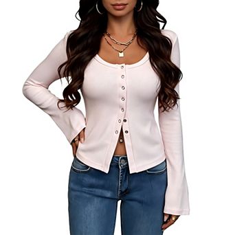 Women Scoop Neck Long Sleeve Shirt Vintage Slim Fit Casual Button Down Cardigan Solid Color Fall Top