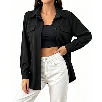 Womens Collared Button Front Long Sleeve Corduroy Relaxed Fit Shirt Jacket Tops