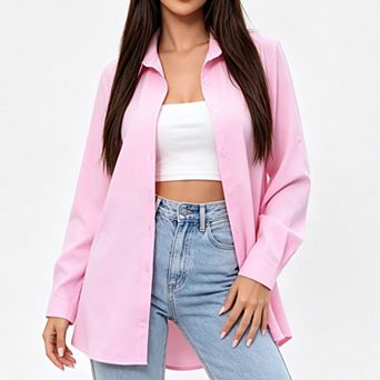 Women Oversized Long Length Button‑Down Shirt Collar Long Sleeve Chiffon Sleepwear Blouse Top